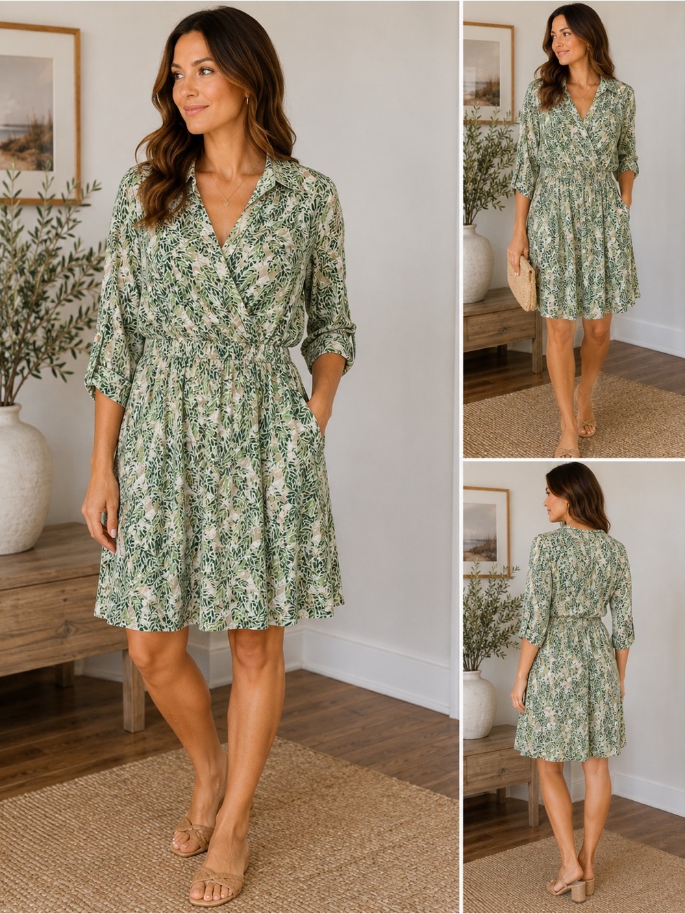 CAbi Green Leaf Print Faux Wrap Dress Medium Tropical Midi
